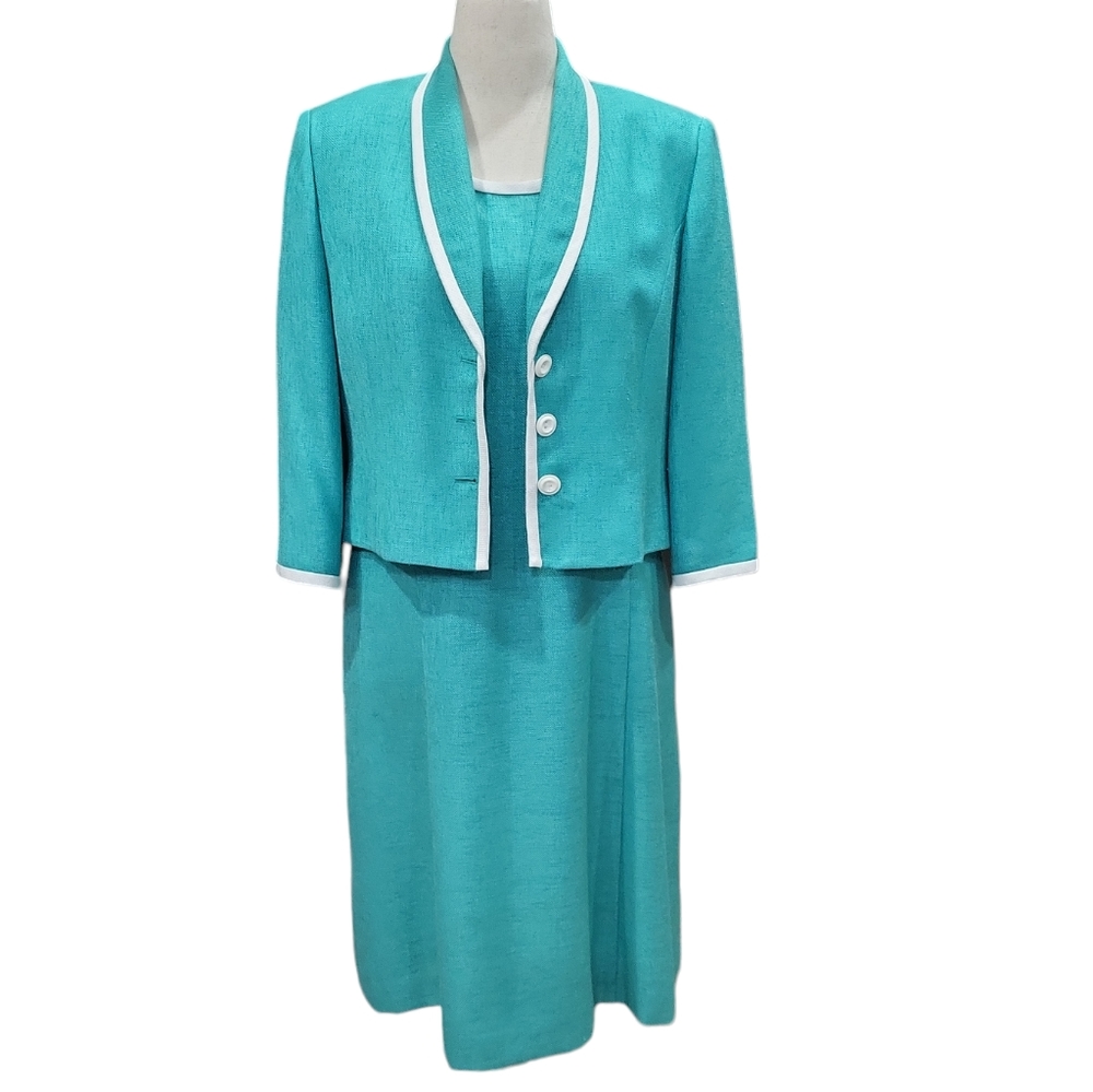 NWOT Vintage Henry-Lee women's green white trim blazer top long dress 2 pcs set